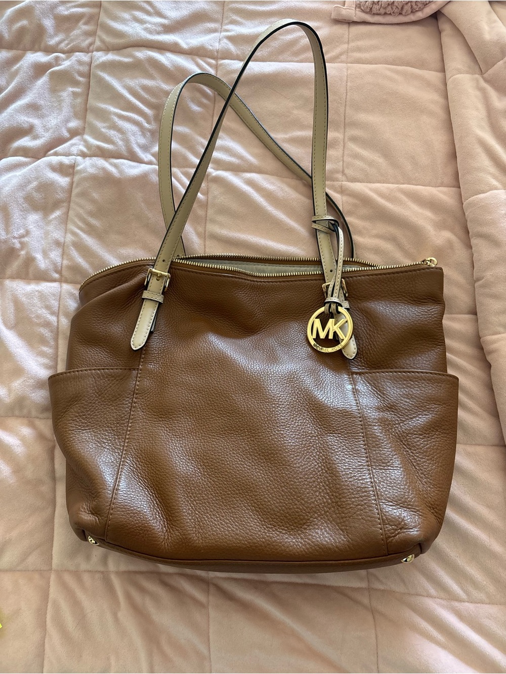 Michael Kors Chestnut Pebbled Leather Tote with Gold MK Charm
